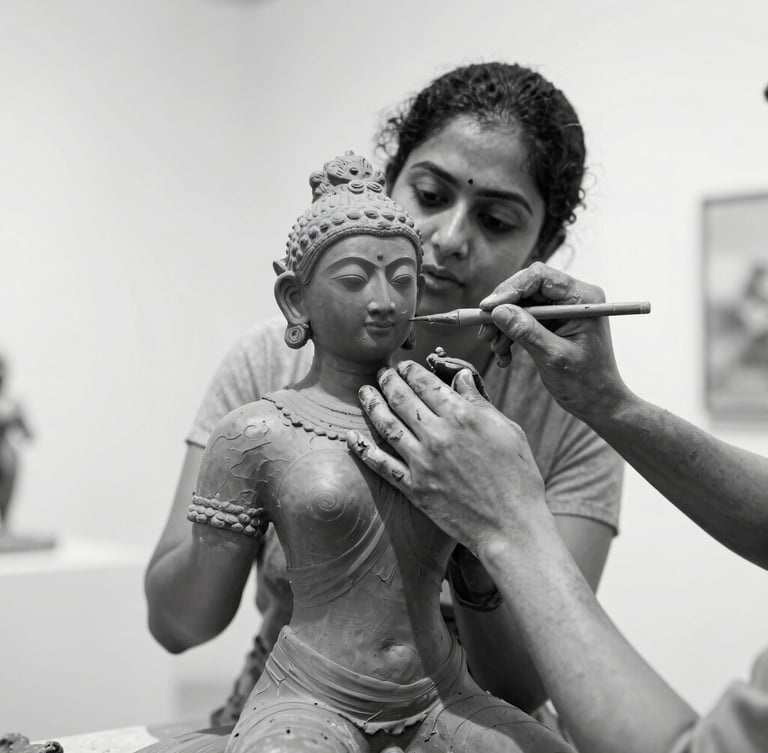 High-contrast black and white photograph of sculptor Sunita Devi carving a terracotta figure, hands covered in clay, soft north-facing studio light, focus on the texture of clay.
