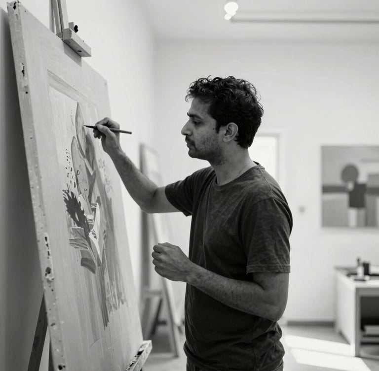 Candid portrait of an Indian contemporary artist working on a large canvas in a sunlit studio, raw textures, soft natural light, focused expression