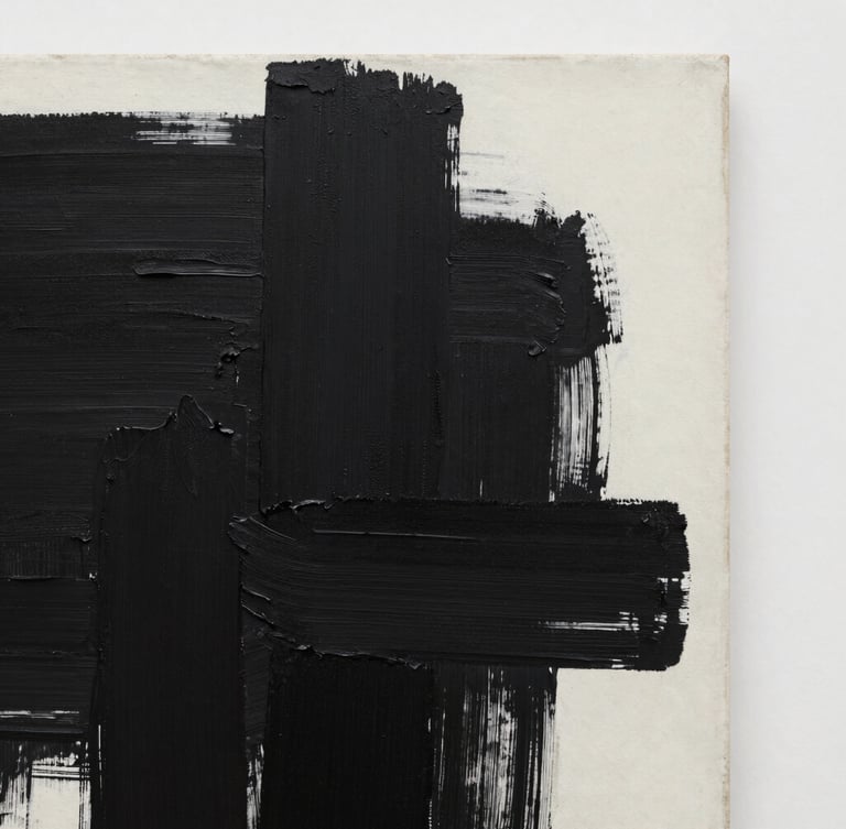 Close-up of a high-contrast contemporary painting, heavy black paint strokes on raw canvas, soft diffused gallery lighting