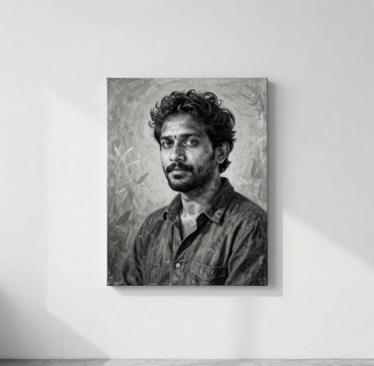 Stark museum-grade environmental portrait of an artist in a white-walled studio in rural India, soft natural north light, highly detailed canvas textures visible