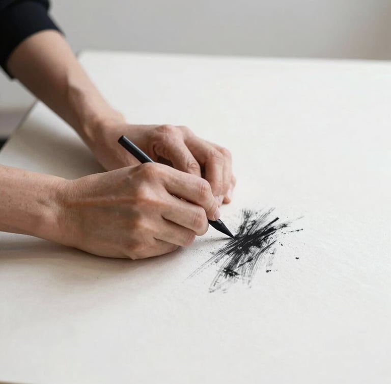A close-up of a contemporary artist's hands working with charcoal on thick textured handmade paper, soft natural side lighting, minimalist composition.