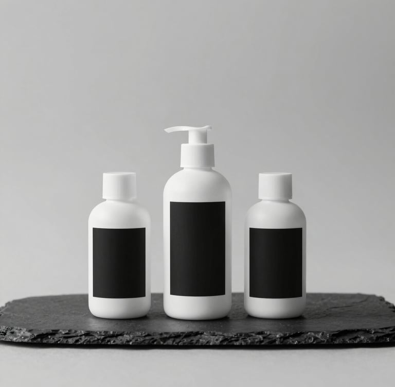 Editorial mockup of three minimalist white cosmetic bottles with stark black labels arranged symmetrically on a dark slate slab, soft gallery light