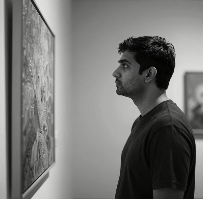 High-contrast monochrome portrait of artist Ramesh Prasad, side profile, looking thoughtfully at a textured canvas, soft diffused studio lighting, deep shadows.