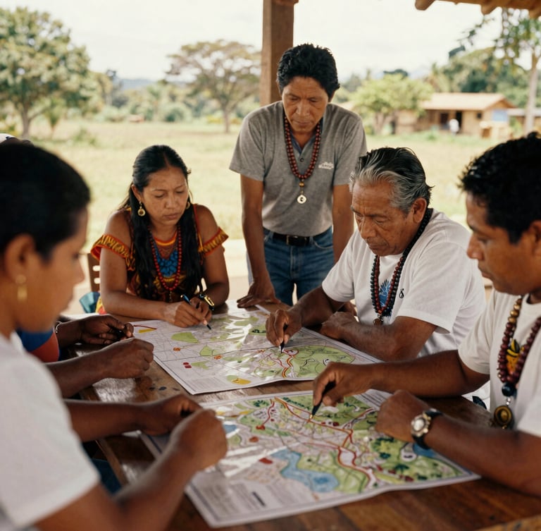 A collaborative community workshop in Colombia, Afro-descendant leaders discussing maps on a wooden table, warm golden-hour light, dignified documentary style