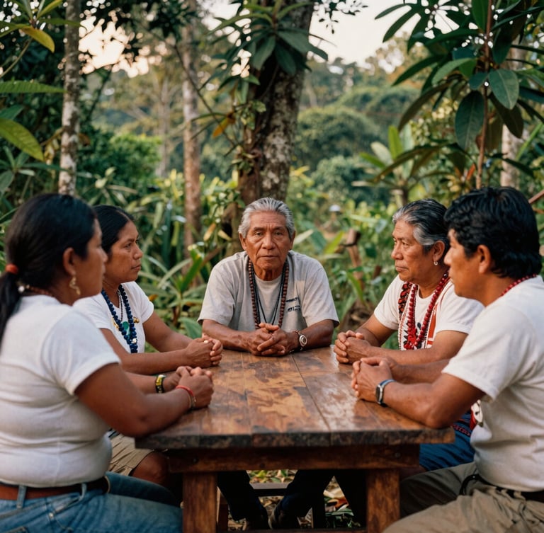 Dignified medium shot of an indigenous community assembly in the Colombian rainforest, warm natural golden-hour light, people actively discussing around a wooden table, rich earthy tones, documentary style.