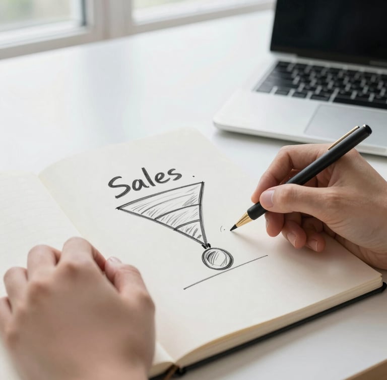 A close-up of hands sketching a sales funnel diagram on a paper notebook, surrounded by a laptop and bright morning window light, professional editorial style
