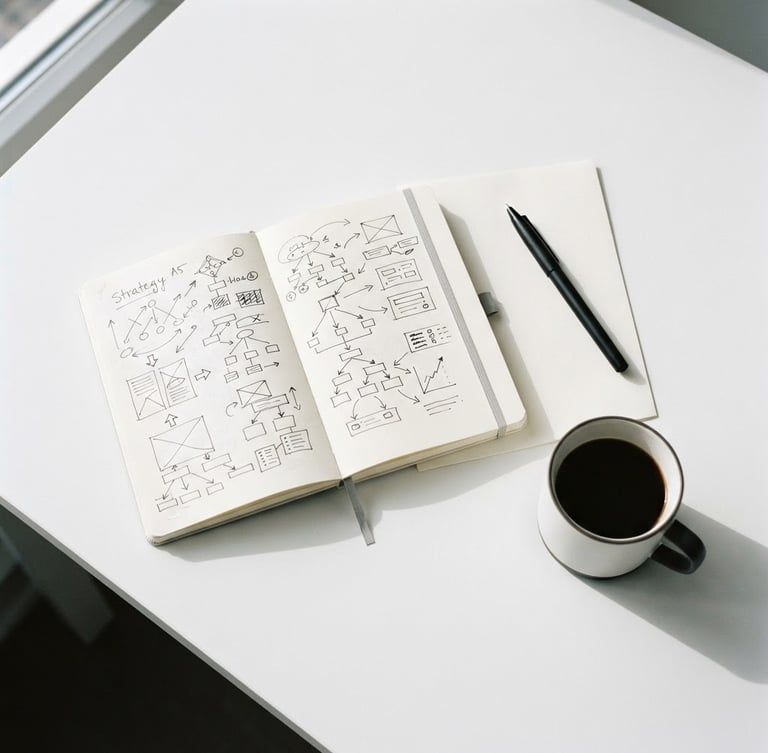 Top-down clean workspace with a neat notebook displaying strategy sketches, a black pen, and a coffee cup on a bright white desk, high contrast, natural light