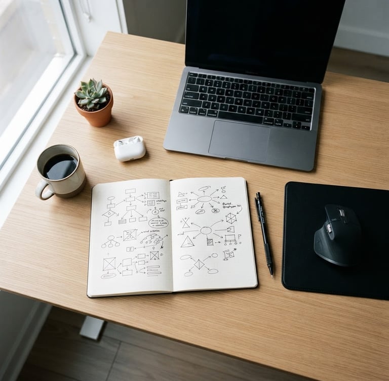 Overhead angle of a clean modern desk setup, a notebook with crisp strategy sketches, natural daylight with high contrast, 35mm