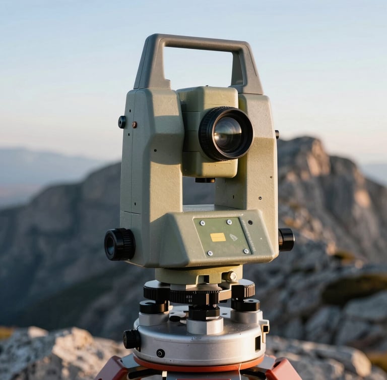 Extreme close-up of a high-tech robotic theodolite, crisp morning light, Mount Canigou's rocky ridges blurred in the background