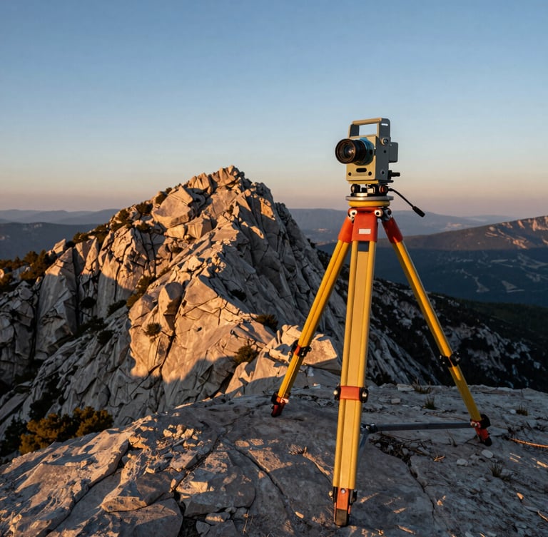 Vue aérienne rasante du massif du Canigou au lever du soleil, un théodolite de précision monté sur trépied au premier plan à droite, ombres nettes dessinant le relief rocheux.