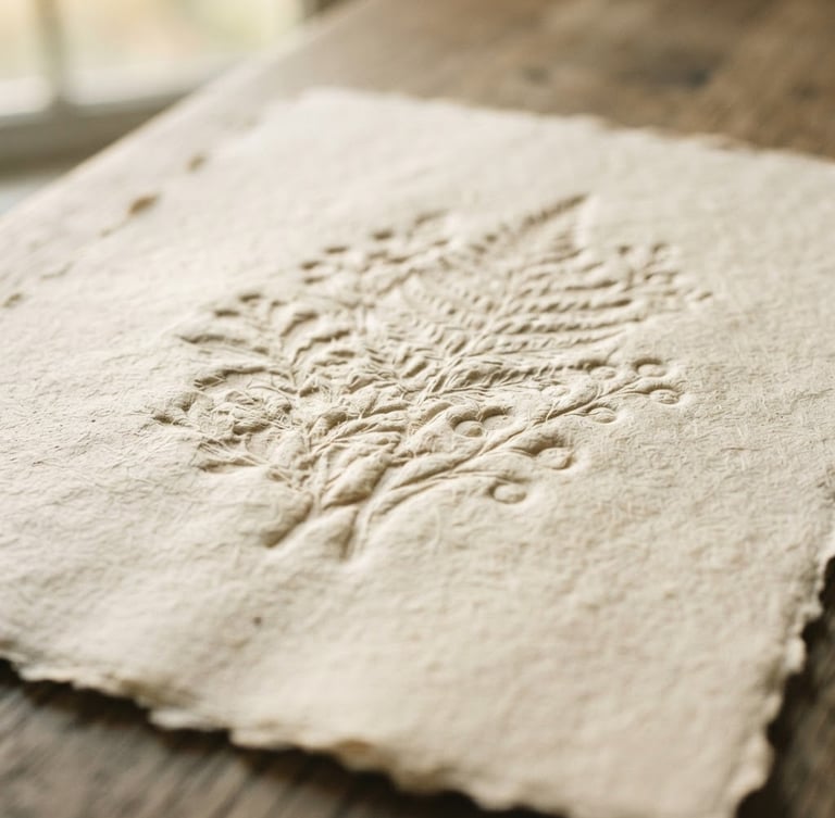 Macro shot of heavy tactile cotton paper with deep debossed typography, soft natural window light casting organic shadows, warm editorial photography