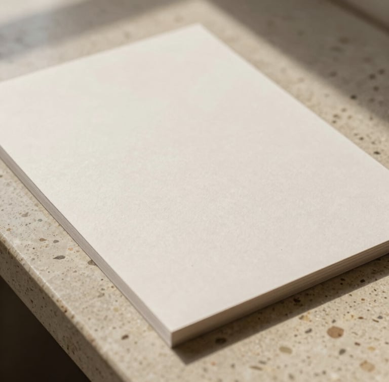 Close-up of corporate stationery on a raw travertine stone surface, soft natural shadows, warm earth tones, editorial photography, 50mm lens