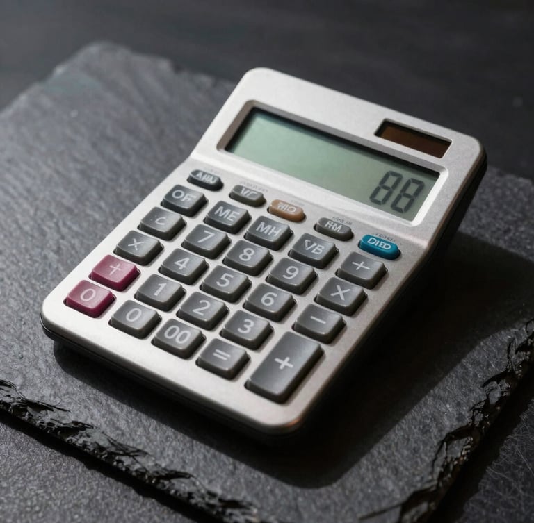 Macro shot of a vintage Dieter Rams calculator on a dark slate surface, stark high-contrast studio lighting, sharp defined shadows.
