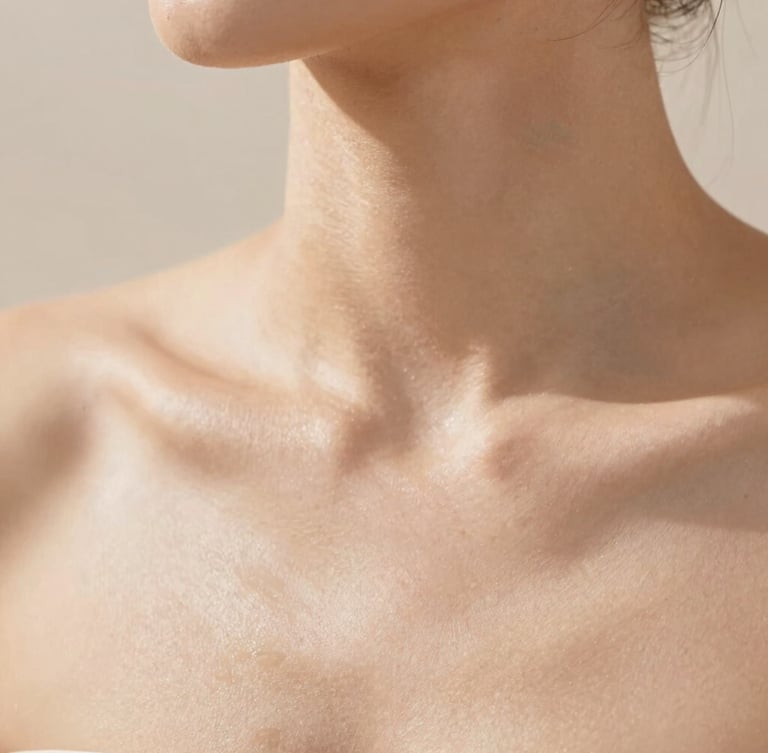 Close-up of clean, healthy skin with natural texture under soft, warm natural daylight, minimalist clinical aesthetic, warm sand tones, shallow depth of field, 35mm photography
