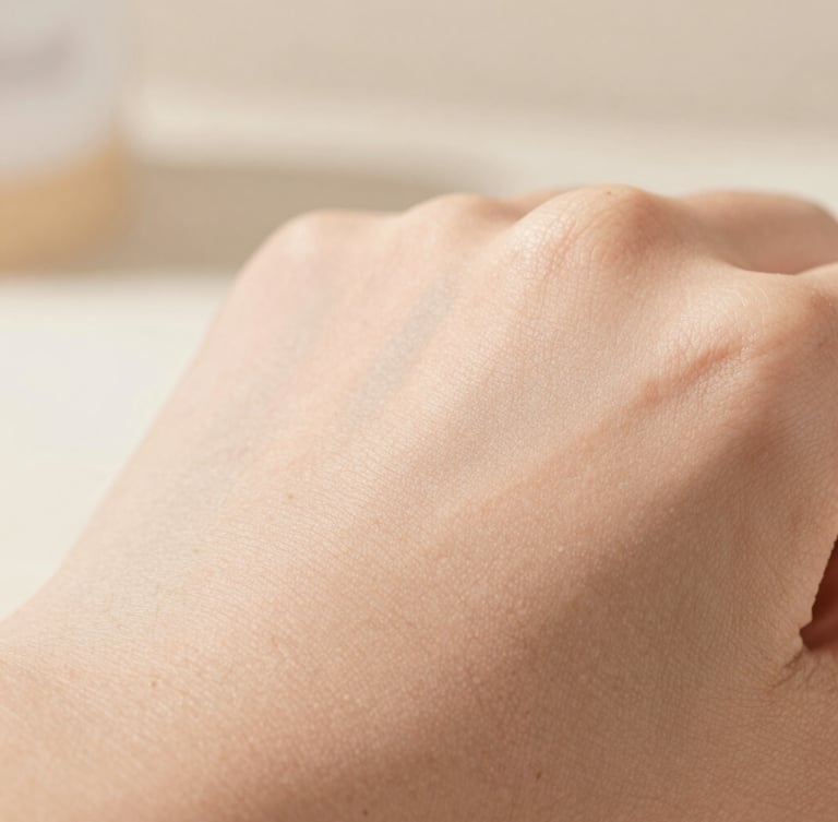 Macro close-up of clean, healthy skin with natural texture, soft focus background with warm neutral tones, soft natural daylight, 35mm editorial photography