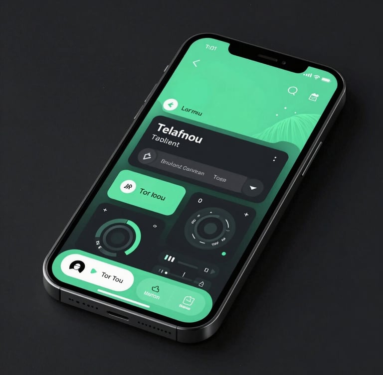 A crisp, high-fidelity mobile application interface mockup on a dark display, vibrant mint green accents, sharp technical layout, low-key studio lighting