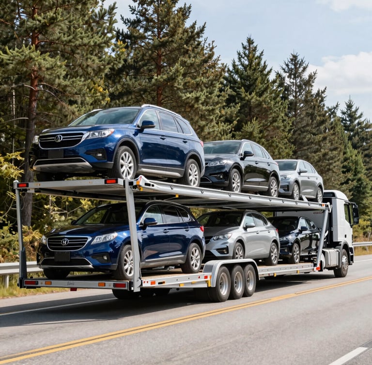 A modern multi-car transport trailer carrying polished vehicles on a scenic highway with Minnesota pine trees in the background, bright natural daylight, sharp focus.