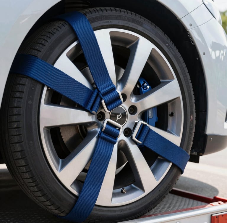 Close-up of heavy-duty secure tie-down straps on a polished car wheel inside a clean transport trailer, sharp focus, crisp light
