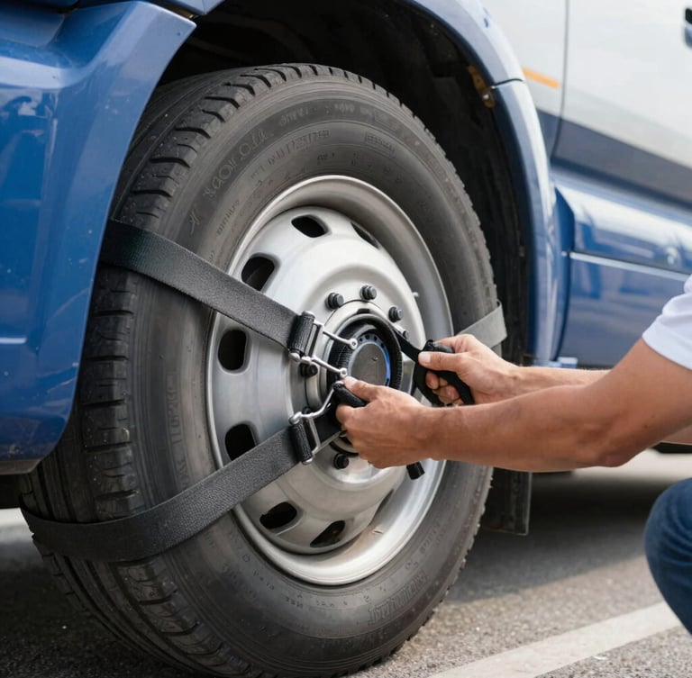 Close-up of a professional transport driver securing a vehicle wheel with heavy-duty tie-down straps, sharp focus, clean daylight
