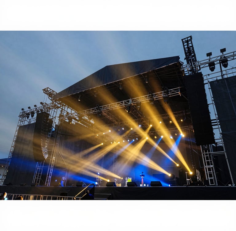 Low-angle wide shot of a massive aluminum concert stage truss system, sharp gold and blue stage lights cutting through atmospheric haze, professional event production setup, 35mm cinematic