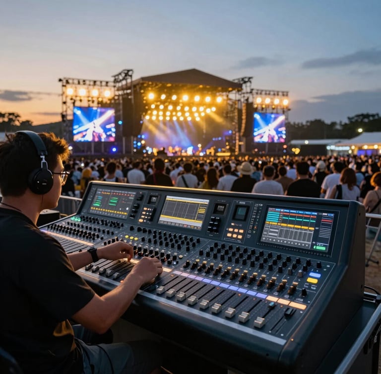 Wide-angle dramatic event photography, a professional sound engineer operating a high-end digital mixing console at a massive outdoor concert, golden-hour twilight lighting, sharp focus on faders, background illuminated by vibrant gold and navy stage lights.
