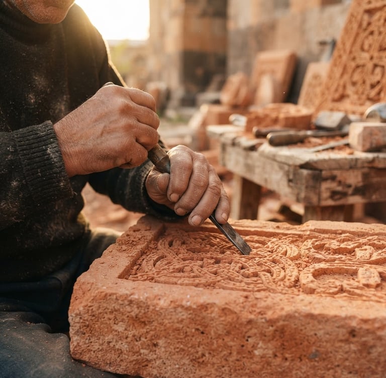Close-up of an Armenian artisan's hands carving intricate geometric patterns into warm volcanic tufa stone, natural golden-hour side-light, shallow depth of field, authentic workspace.