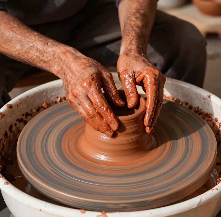 Close-up of vibrant terracotta clay being shaped on a potter's wheel by an artisan, warm studio lighting, rich earthy colors, authentic Armenian pottery workshop.