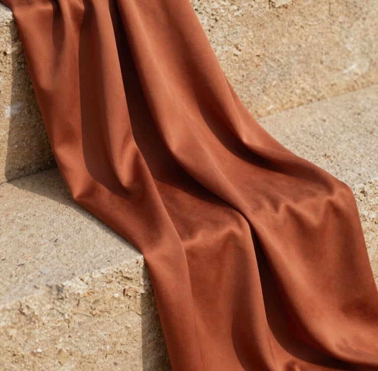 Close-up texture of warm terracotta silk fabric draped over a sand-colored stone, soft natural sunlight, elegant editorial composition