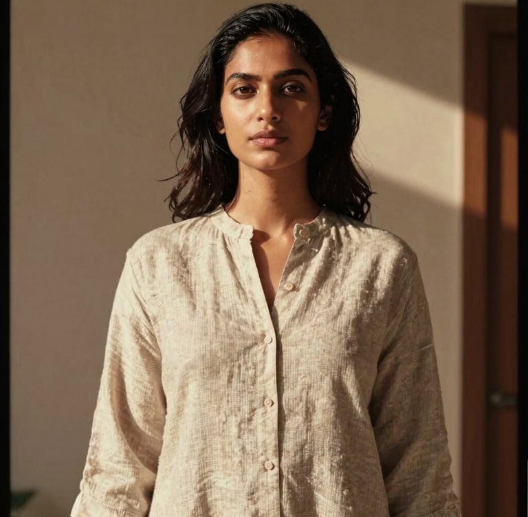 High-fashion editorial portrait of a South Asian woman in a modern linen-blend tunic, warm natural sunlight, soft directional shadows, 35mm film aesthetic
