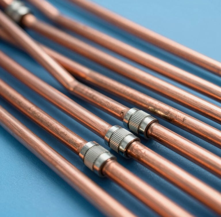Close-up of neatly routed parallel copper piping with clean silver solder joints, bright work lights, sharp focus, 35mm.