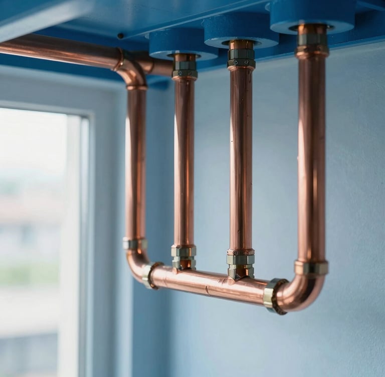 Medium close-up of immaculate, neatly routed copper piping with clean solder joints in a bright residential mechanical room, crisp industrial blue tones, natural daylight, sharp focus, 35mm.