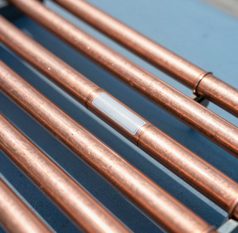 Bright close-up of immaculate parallel copper pipes with clean solder joints and clear labels, bright daylight, 35mm photography