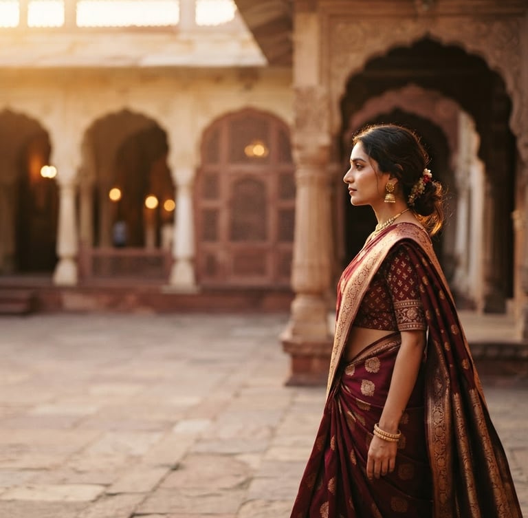 Indian woman in an elegant deep maroon saree, side profile, soft golden hour light, shallow depth of field, rich ivory and deep maroon tones, warm architectural backdrop, saree fabric texture visible, wide shot with generous negative space on the left.