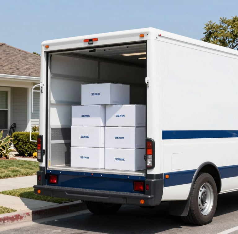 Bright editorial photography of a clean white and navy moving truck parked on a sunlit residential street, immaculate branded boxes neatly stacked inside, crisp daylight, 35mm
