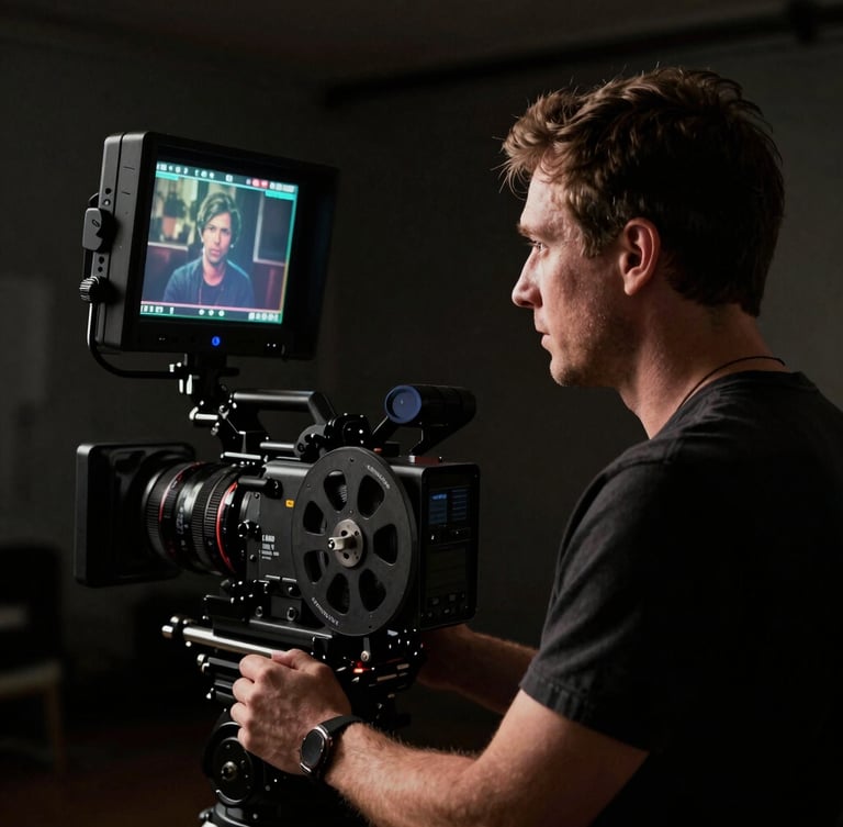 High-contrast behind-the-scenes set photo of a director looking at a physical 35mm camera monitor, dramatic low-key lighting, harsh set-light spill.