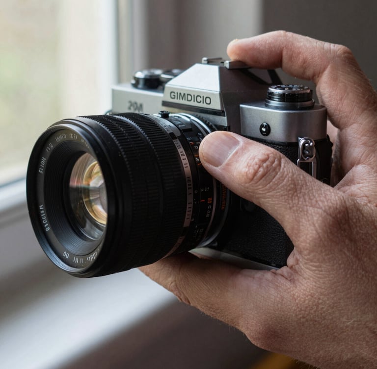 Tight macro shot of a weathered hand adjusting the focus ring of a physical 16mm camera lens, natural window light highlighting dust and skin texture.