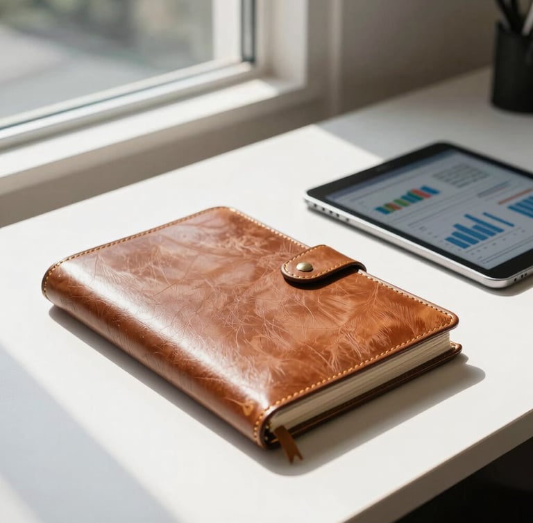 Professional editorial photography of a modern Indian office desk, sunlight streaming through a window, a classic leather ledger book next to a modern tablet displaying financial charts, shallow depth of field, 35mm