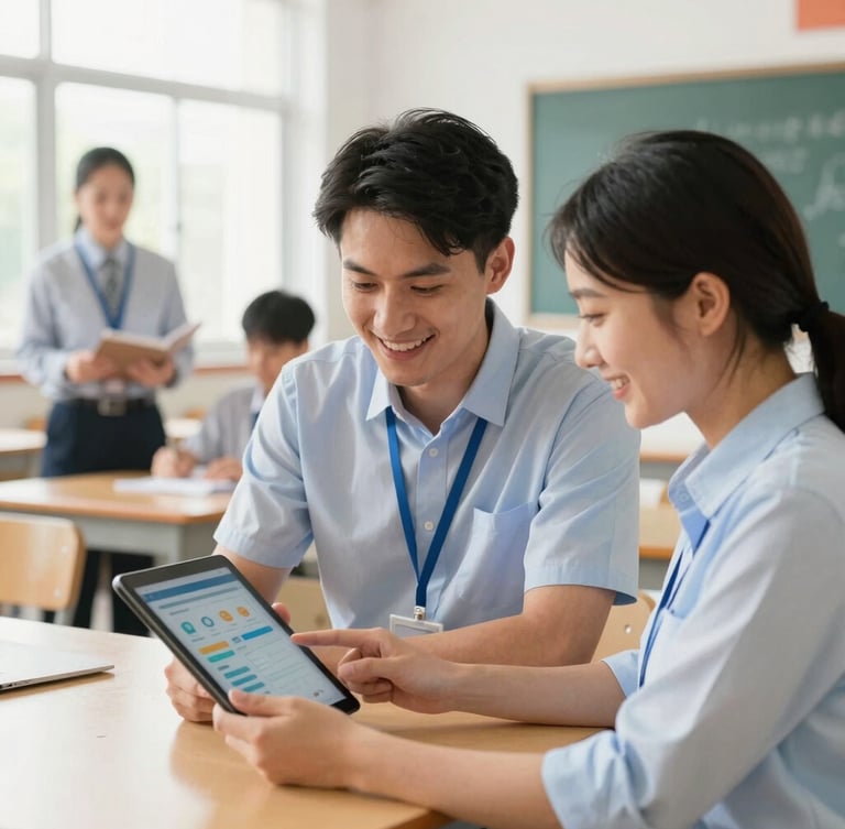 Two Agenda Educativa support staff members, a man and a woman, smiling and collaborating with a school principal in a bright, modern school office, looking at a tablet displaying the app interface, authentic school environment, warm editorial photography, bright natural daylight, soft clean tones, shallow depth of field, 35mm