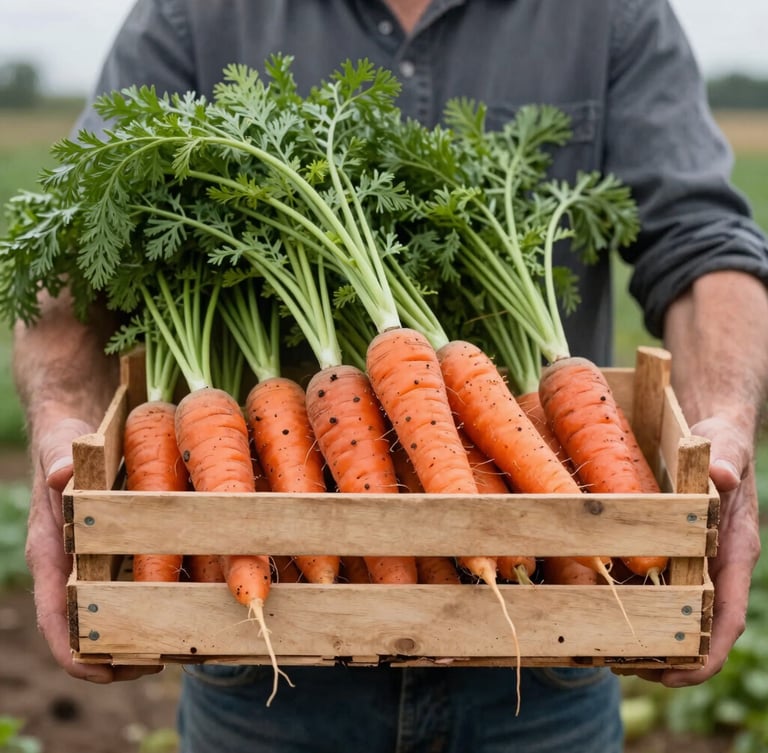 Candid medium-wide shot of a farmer holding a wooden crate of freshly harvested heirloom carrots, soft overcast daylight, rich soil textures, 35mm photography.