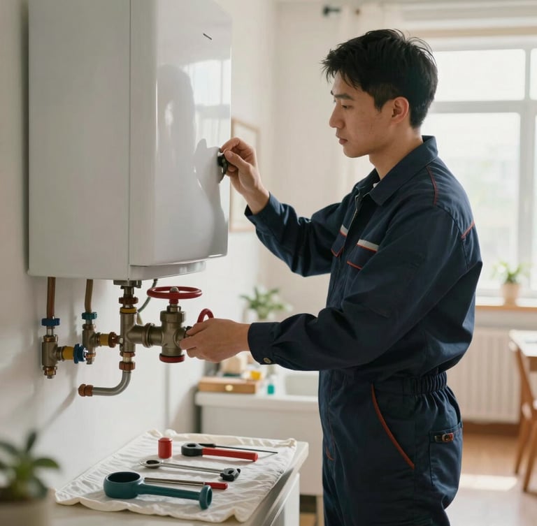 A professional technician in a clean navy uniform neatly adjusting a boiler valve in a bright, well-lit home utility room, clean tools laid out on a protective drop cloth, warm natural lighting, medium shot.