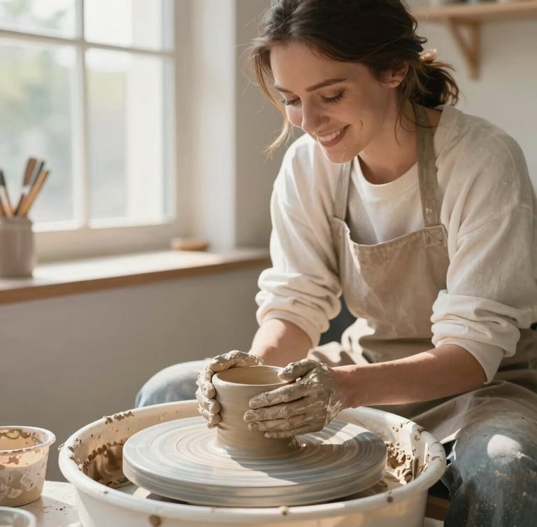 A smiling local female ceramicist in her sunlit studio, hands covered in clay, standing next to a pottery wheel, warm natural daylight, 35mm photograph