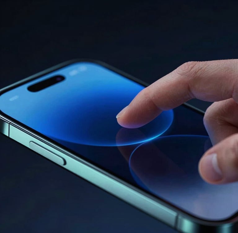 Sleek product photography of a hand interacting with a dark-slate mobile screen, vibrant neon blue light reflecting off glass, macro lens, shallow depth of field