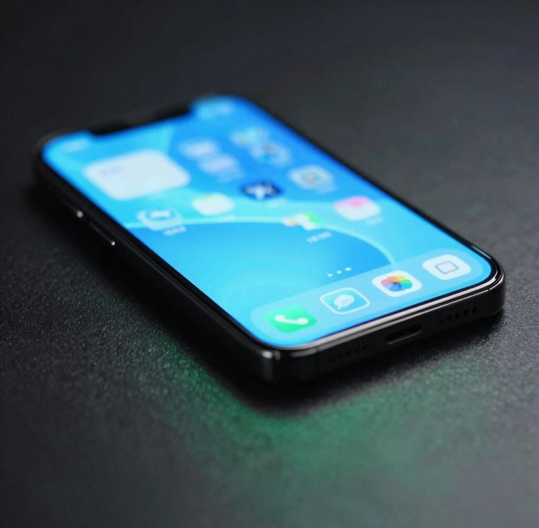 Macro shot of a high-end smartphone screen displaying a fluid, glowing neon-blue interface, shallow depth of field, dark slate background with subtle mint green reflections.