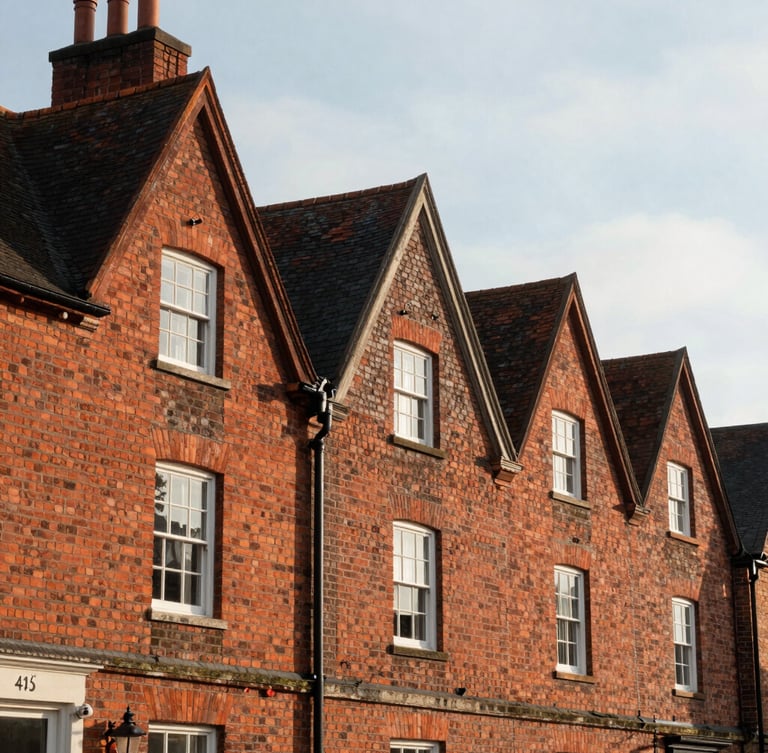 A high-contrast architectural crop of historic red brick townhouses on Legh Road in Knutsford, soft natural afternoon light, elegant slate roofs