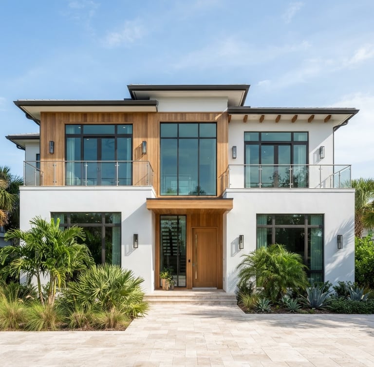 Straight-on architectural elevation of a modern coastal home in Tampa, white stucco and warm oak accents, bright natural daylight, crisp shadows, editorial photography