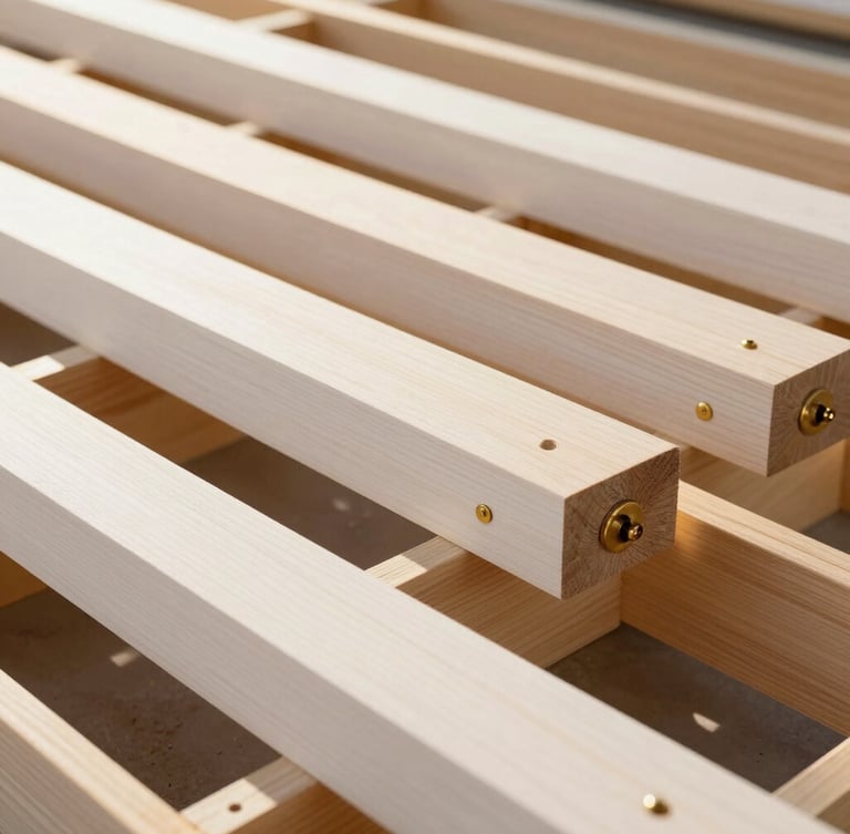 Close-up of raw premium construction materials, solid oak timber framing and brass hardware details, soft natural golden hour lighting