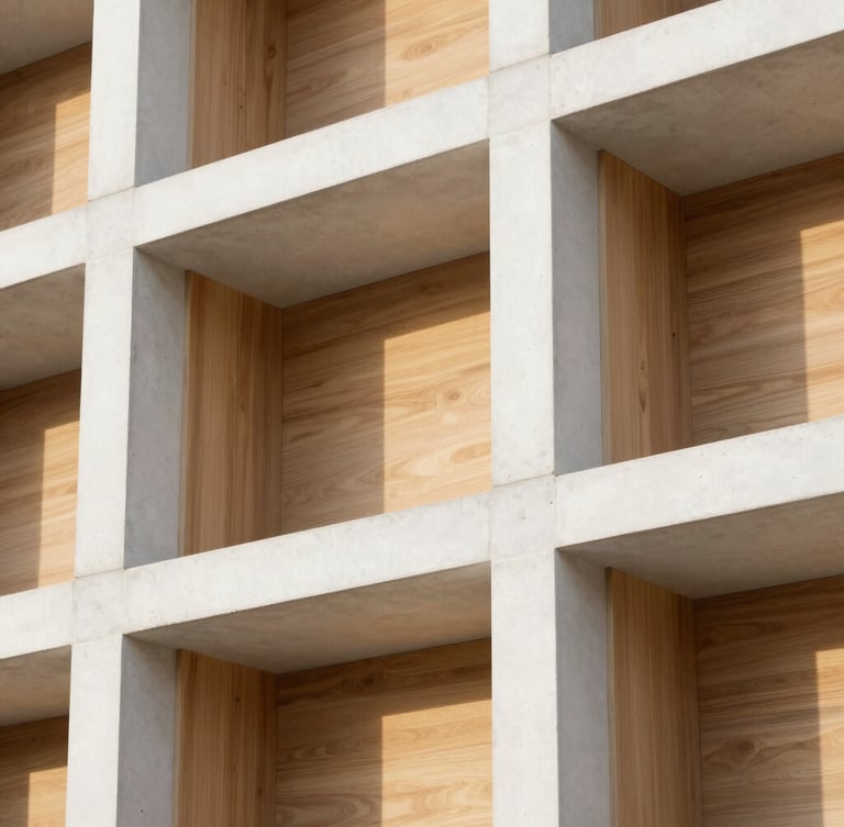 Close-up architectural detail of premium raw materials, white concrete framing paired with natural oak panels under soft golden hour sun, high-contrast shadows