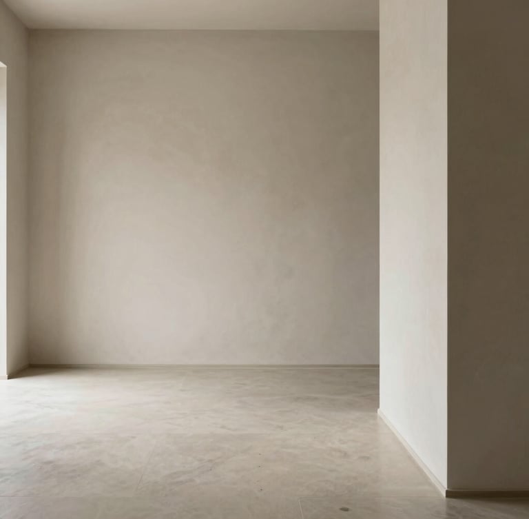 Minimalist editorial photography of a quiet, sophisticated architectural space with soft diffused natural light, muted slate and warm ivory tones, shallow depth of field, 35mm