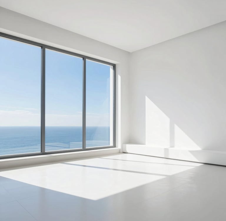 Bright high-key interior photography, crisp natural daylight, clean white and blue tones, sharp focus, architectural style of a modern minimalist living room with pristine surfaces reflecting light