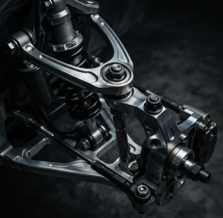 Industrial product photography, close-up macro shot of machined multi-link suspension assembly, sharp metallic highlights, deep gray tones, low-key studio lighting.